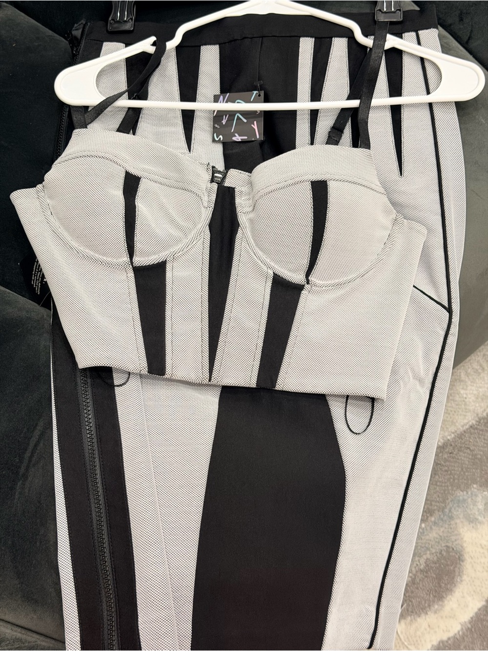Nasty Gal Black and Gray Striped Bustier Skirt Set